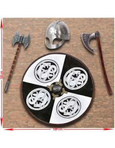 Wikinger-Waffenausrüstung mit Schild, Äxten und Helm