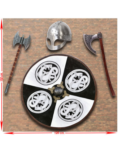 Vikingevåben med skjold, økser og hjelm