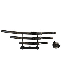 Set mit 3 schwarzen Katanas mit Tischständer