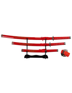 Set mit 3 roten Drachen-Katanas mit Tischständer