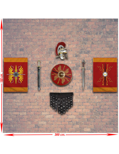 Panoply våben romerske legioner. bannere, skjold, gladius, hjelm og cingulum
