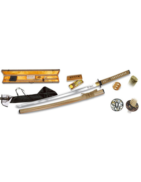 Karbonstahl Katana + Deckel + Box + Reinigungsset + 2 Tsuba