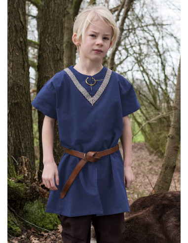 Middelalderflettet Ailrik-tunika til drenge, korte ærmer, blå