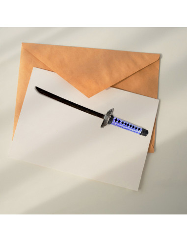 Mini Katana Blå brevåbner med skede og stativ, 20,5 cm.