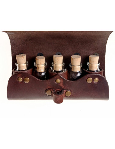 Taske med 5 potions i læder med stroplukning (16,5 x 11 cm.)