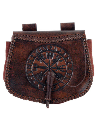 Keltische Vegvisir-Tasche aus braunem Leder, zum Tragen am Gürtel