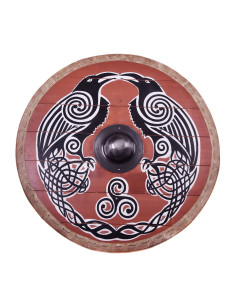 Escudo vikingo Huginn y Muninn con ribete en cuero, 80 cm. Ø