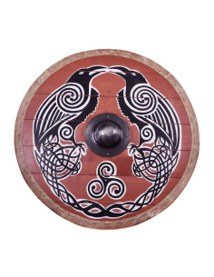 Escudo vikingo Huginn y Muninn con ribete en cuero, 80 cm. Ø