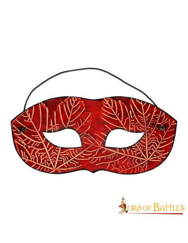 Masker van rood leer met in reliëf gemaakte esdoornbladmotieven