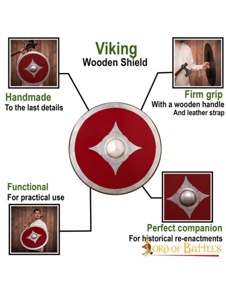 Escudo vikingo de combate de madera roja