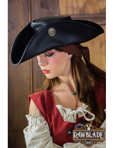 Sombrero pirata tricornio tres doblones, negro