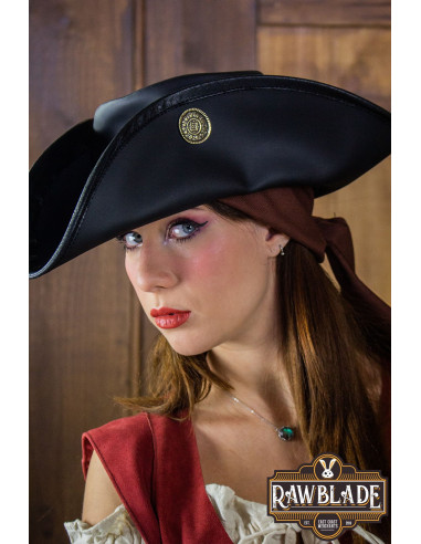 Sombrero pirata tricornio tres doblones, negro