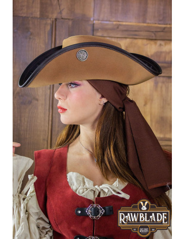 Sombrero pirata tricornio tres doblones, marrón claro