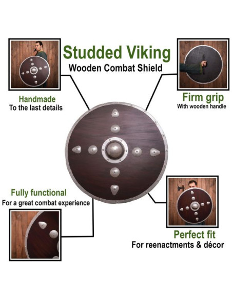 Ronde houten Viking-schild met nagels