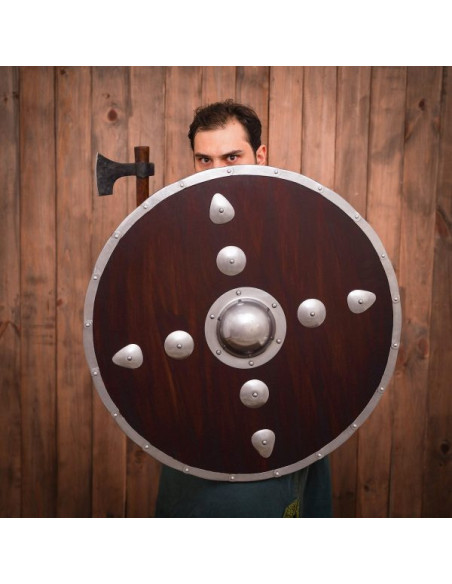 Escudo redondo vikingo de madera con... Escudo redondo vikingo de madera con...