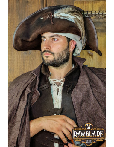 Dageraad Acht theorie Kapitein Teague bruine leren hoed met veren ⚔️ Tienda Medieval Maat L