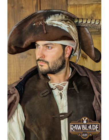 Dageraad Acht theorie Kapitein Teague bruine leren hoed met veren ⚔️ Tienda Medieval Maat L