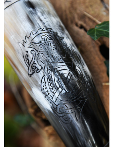 Viking Norse Wolf Fenrir horn med...