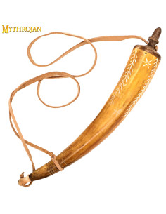Handgeschnitzte Pulverdose aus Horn und Lederband