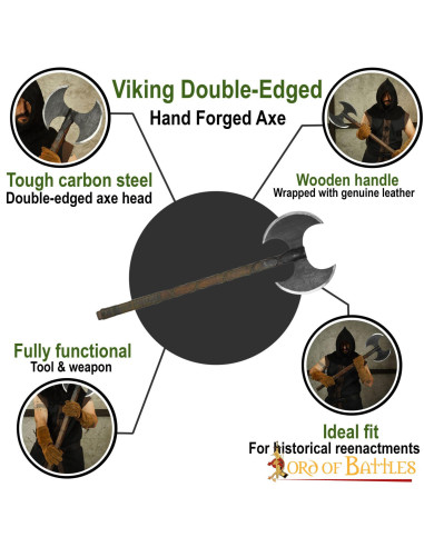 Hacha vikinga doble filo en acero al carbono (91 cm.)