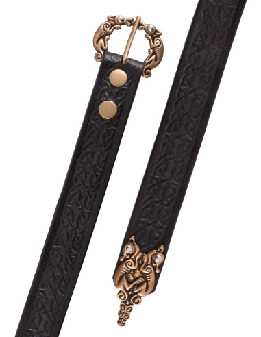 Cinturón nudos Celtas en piel negra, 170 cm.
