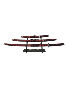 Prydsæt med Katana, wakizashi og rød-sort blomstertanto