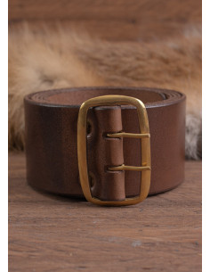 Middeleeuwse leren riem met messing gesp, bruin (135 cm.)