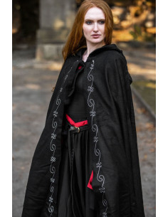 Zwarte middeleeuwse wollen cape met handborduurwerk,...