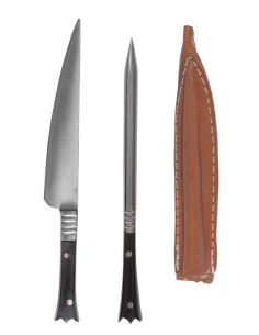 Set 2 mittelalterliches Zinnenbesteck mit Lederbezug -...