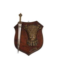 Panoplia de armas con espada gladius y lorica romana...