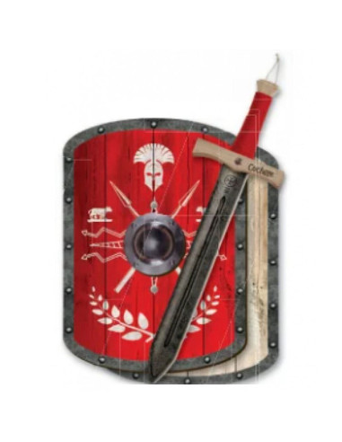 Rode Romeinse set voor kinderen houten schild en zwaard