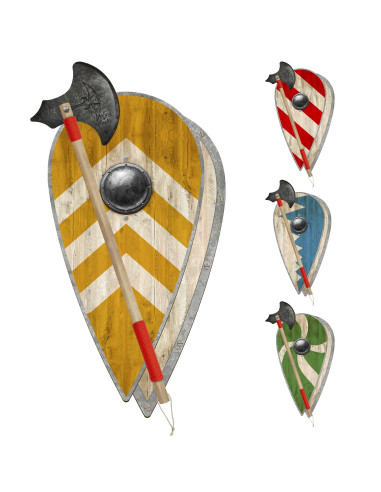 Viking houten bijl en druppelschild set
