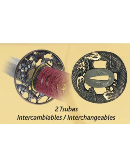 Katana aus Kohlenstoffstahl + Deckel + Box + 2 Tsuba + Reinigungsset