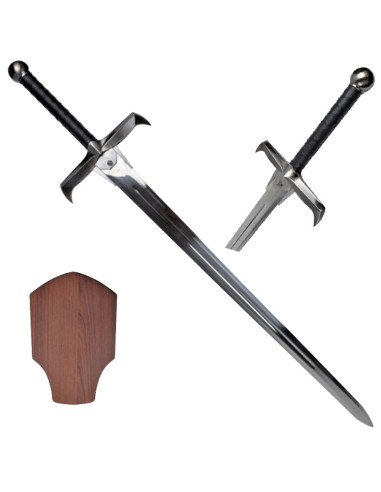 Mittelalterliches Schwert mit Wandhalterung aus Holz (126,5 cm.)
