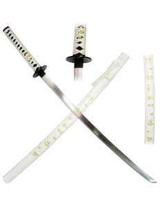 Dekorative weiße Katana-Scheide mit eingraviertem Text...