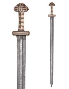Espada vikinga con empuñadura de bronce, acero de Damasco