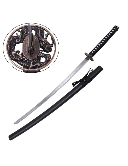Ornamental katana drage tsuba med skede