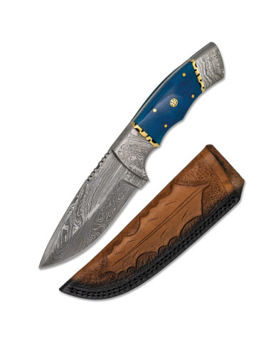 Cuchillo deportivo hueso azul en acero de Damasco con funda