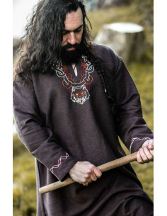 Wikinger-Tunika mit Freki-Stickerei, braun