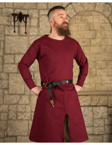 Lange mittelalterliche Tunika aus burgunderroter Baumwolle, Modell Wolfram