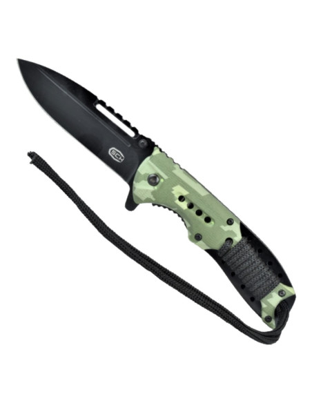 Taktisk kniv med grønt camo håndtag (i alt 21,5 cm.)