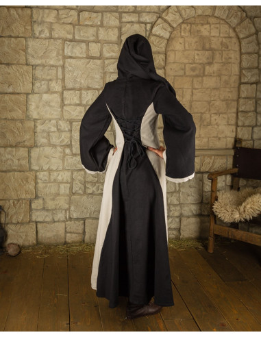 Vestido medieval negro-crema con capucha modelo Iris