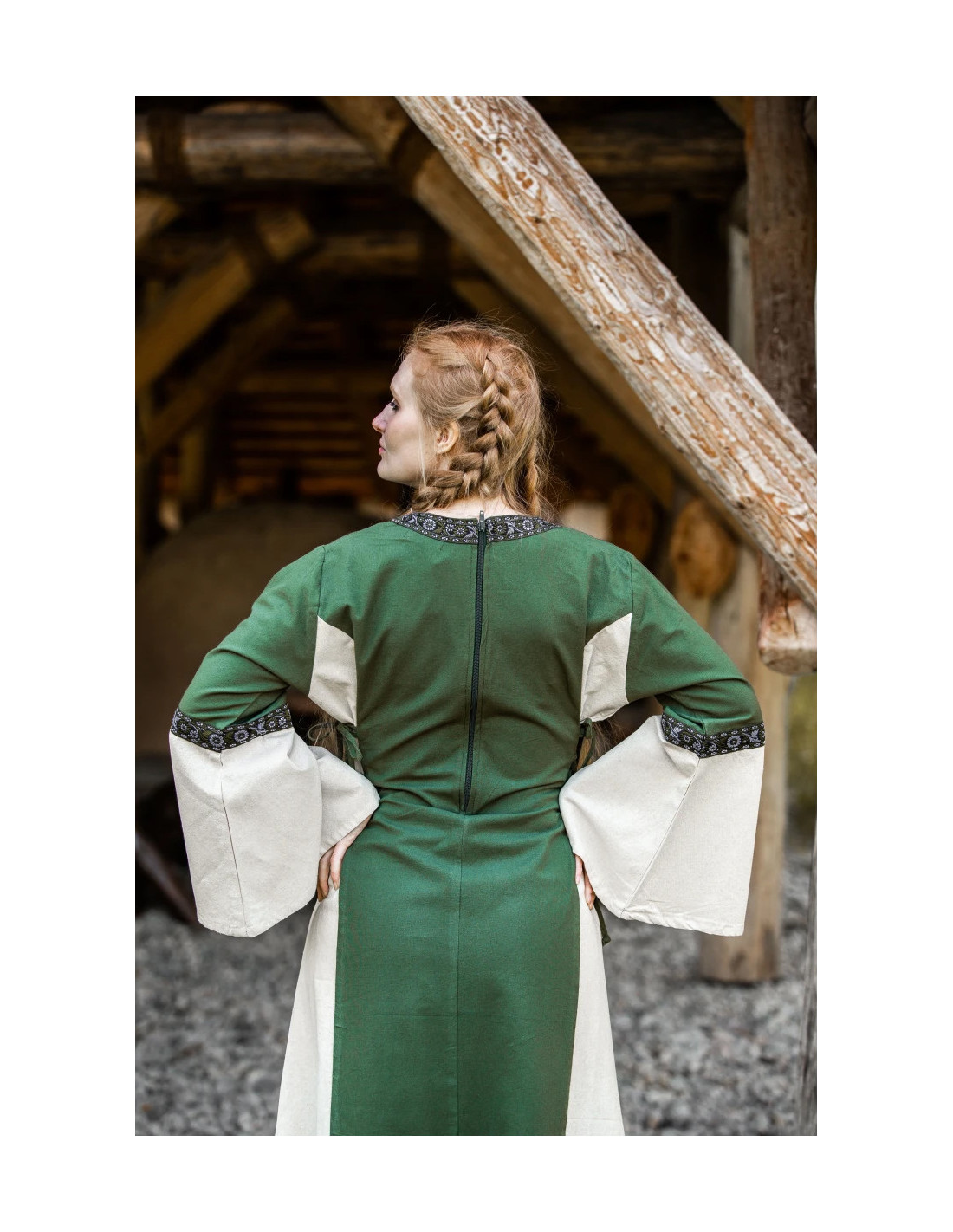 Middeleeuwse jurk vrouw Angie groen wit naturel Tienda Medieval