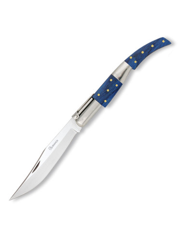Arabisches Taschenmesser, Ratschentyp, blauer Stamina-Griff, Klinge 9,7 cm.
