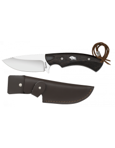 Wildschweinjagdmesser mit Lederscheide (Länge 22,3 cm).