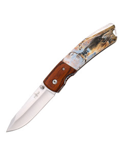 Deer design Jachtmes, hout en ABS handvat (totaal 19 cm.)