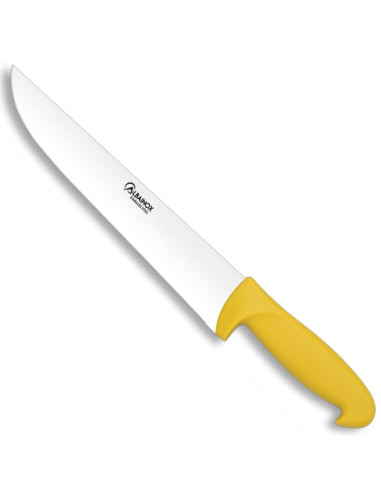 Kokkekniv, gult skaft, klinge 25 cm.