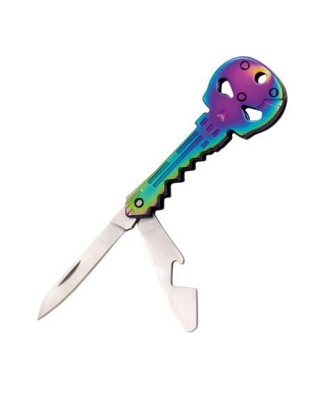 Blå kranie, kniv og flaskeåbner...