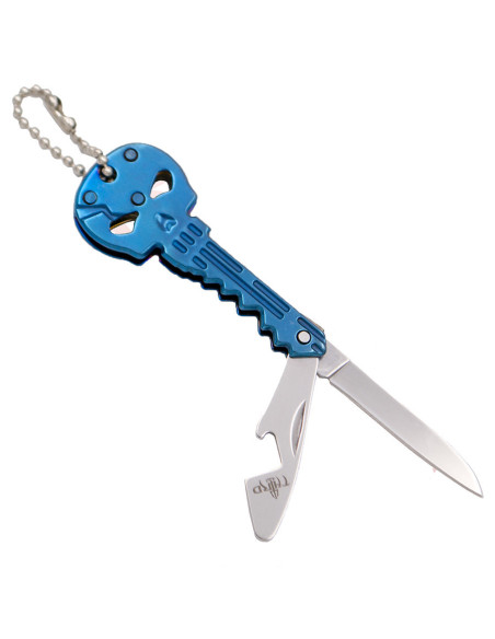 Blauer Schlüsselanhänger mit Totenkopf, Messer und Flaschenöffner