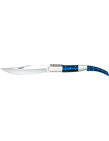 Arabisches Ratschentaschenmesser, blauer Holzgriff (Klinge 16,9 cm).